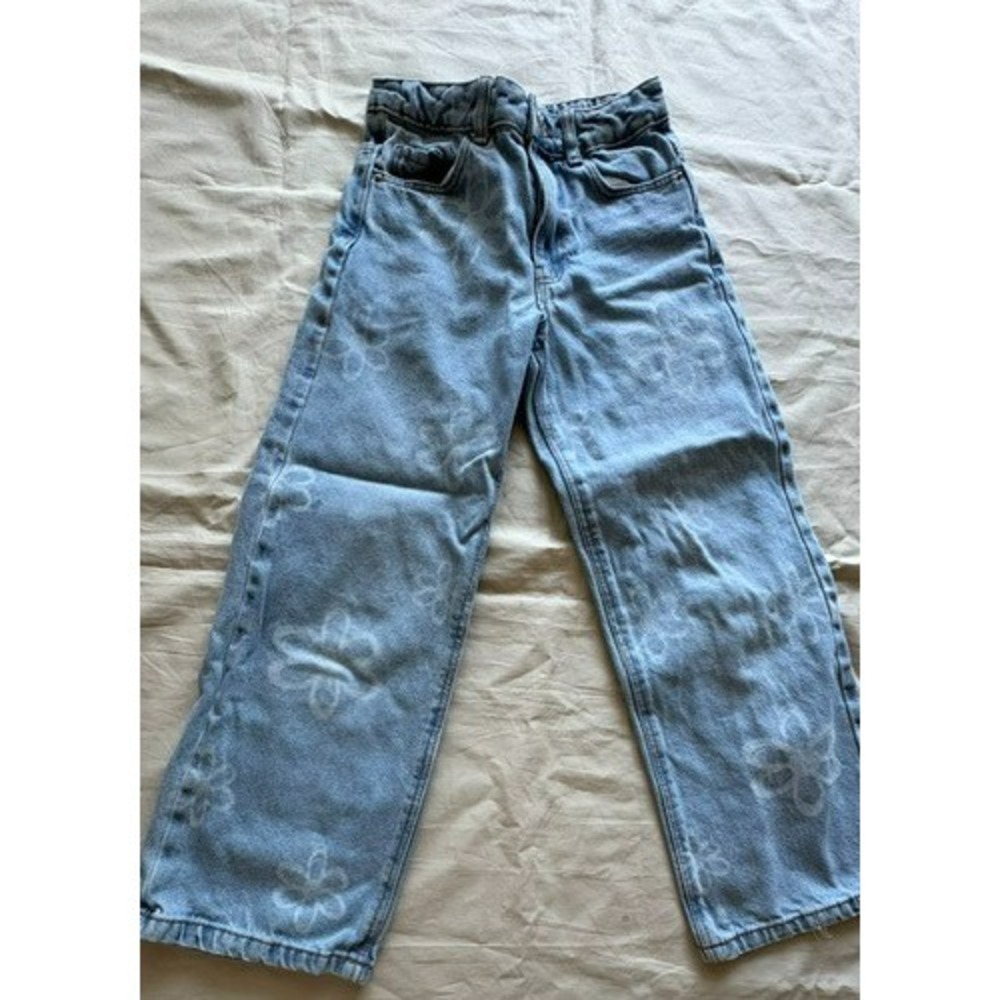 Primark Girls Floral Print Wide Leg Jeans Sz 7-8 Light Wash Demin Elastic Waist